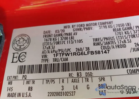 2020 Ford F150 Raptor z USA, uszkodzony, nr VIN 1FTFW1RG6LFB58147